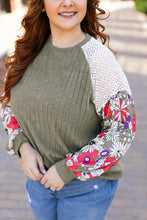 Load image into Gallery viewer, Vineyard Green Plus Size Textured Floral Patchwork Raglan Sleeve Blouse