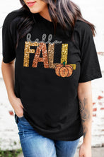 Load image into Gallery viewer, Black Hello Fall Letter Pumpkin Printed Thanksgiving T Shirt