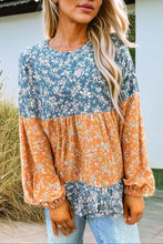 Load image into Gallery viewer, Orange Floral Color Block Ruffled Hem Round Neck Blouse