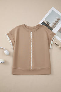 Straw Yellow Ric Rac Color Contrast Ribbed Edge Crewneck T Shirt