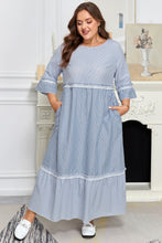 Load image into Gallery viewer, Sky Blue Stripe Crisscross Lace Detail Mixed Striped Patchwork Plus Size Shift Long Dress