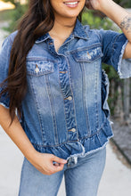 Load image into Gallery viewer, Peacock Blue Raw Edge Ruffled Short Sleeve Denim Jacket