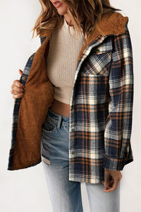 Black Plaid Pattern Sherpa Lined Hooded Shacket