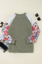 Load image into Gallery viewer, Laurel Green Floral Patchwork Long Sleeve Ribbed Blouse