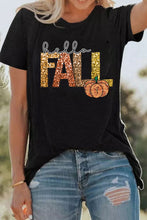Load image into Gallery viewer, Black Hello Fall Letter Pumpkin Printed Thanksgiving T Shirt