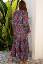Load image into Gallery viewer, Blue Floral Print Tassel Tie V Neck Long Sleeve Flowy Long Dress