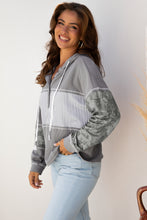 Load image into Gallery viewer, Gray Waffle Printed Patchwork Drawstring Hooded Long Sleeve Top