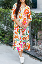 Load image into Gallery viewer, Orange Floral Print Split V Neck Tiered Maxi Dress