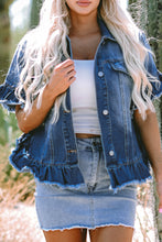 Load image into Gallery viewer, Peacock Blue Raw Edge Ruffled Short Sleeve Denim Jacket