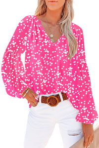 Golden Apricot Floral Print V Neck Long Puff Sleeve Top