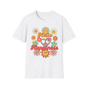 Hello Happiness Floral T-Shirt, Cute Graphic Tee, Unisex Softstyle Shirt, Summer Vibes Apparel, Gift for Friends, Positive Energy Wear