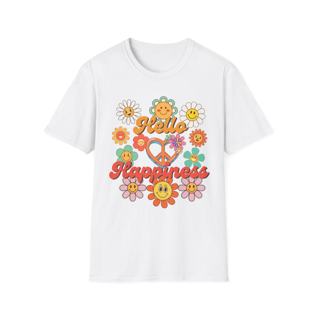 Hello Happiness Floral T-Shirt, Cute Graphic Tee, Unisex Softstyle Shirt, Summer Vibes Apparel, Gift for Friends, Positive Energy Wear