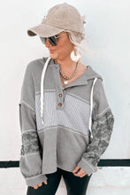 Load image into Gallery viewer, Gray Waffle Printed Patchwork Drawstring Hooded Long Sleeve Top