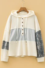 Load image into Gallery viewer, Gray Waffle Printed Patchwork Drawstring Hooded Long Sleeve Top