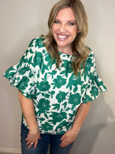 Load image into Gallery viewer, Green Floral Printed Ruffled Short Sleeve Round Neck Loose Blouse
