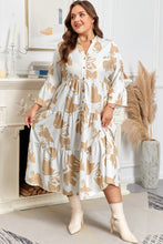Load image into Gallery viewer, Khaki Patterned Ruffled Sleeve Half Placket Tiered A-line Plus Size Long Dress