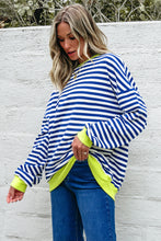 Load image into Gallery viewer, Blue Stripe Contrast Ribbed Trim Crossed Stitch Drop Shoulder Sweatshirt