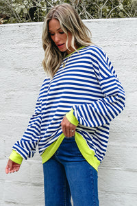 Blue Stripe Contrast Ribbed Trim Crossed Stitch Drop Shoulder Sweatshirt