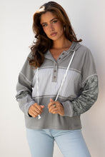 Load image into Gallery viewer, Gray Waffle Printed Patchwork Drawstring Hooded Long Sleeve Top