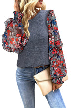 Load image into Gallery viewer, Blue Ruffle Tiered Floral Sleeve Crew Neck Blouse