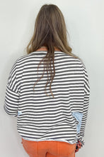 Load image into Gallery viewer, Gray Stripe Starry Patch Drop Shoulder Raw Edge Casual Knit Top
