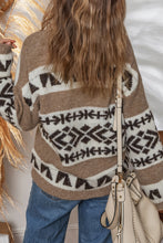 Load image into Gallery viewer, Dark Khaki Ethnic Geometric Pattern Button Front V Neck Sweater Cardigan