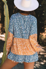 Load image into Gallery viewer, Orange Floral Color Block Ruffled Hem Round Neck Blouse