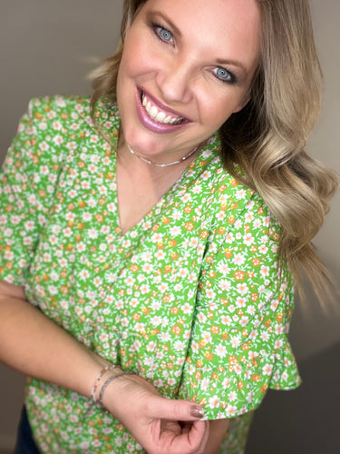 Green Floral Print Ruffle Sleeve V Neck Blouse Top