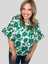 Load image into Gallery viewer, Green Floral Printed Ruffled Short Sleeve Round Neck Loose Blouse