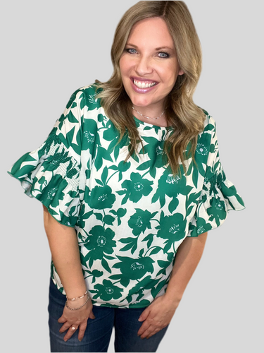 Green Floral Printed Ruffled Short Sleeve Round Neck Loose Blouse