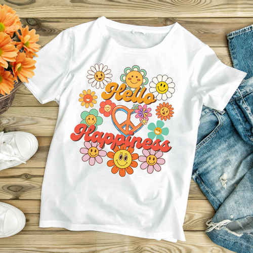 Hello Happiness Floral T-Shirt, Cute Graphic Tee, Unisex Softstyle Shirt, Summer Vibes Apparel, Gift for Friends, Positive Energy Wear