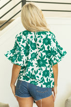 Load image into Gallery viewer, Green Floral Printed Ruffled Short Sleeve Round Neck Loose Blouse