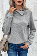 Load image into Gallery viewer, Gray Asymmetric Buttons Detail High Neck Textured Sweatshirt