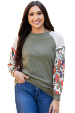 Load image into Gallery viewer, Laurel Green Floral Patchwork Long Sleeve Ribbed Blouse