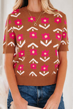 Load image into Gallery viewer, Brown Floral Short Puff Sleeve Sweater