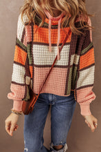 Load image into Gallery viewer, Orange Color Block Waffle Knit Drawstring Mock Neck Sweater