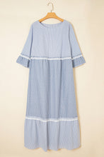 Load image into Gallery viewer, Sky Blue Stripe Crisscross Lace Detail Mixed Striped Patchwork Plus Size Shift Long Dress