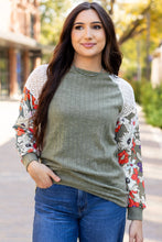 Load image into Gallery viewer, Laurel Green Floral Patchwork Long Sleeve Ribbed Blouse