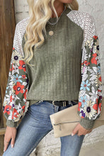 Load image into Gallery viewer, Laurel Green Floral Patchwork Long Sleeve Ribbed Blouse