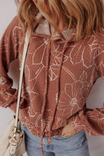 Load image into Gallery viewer, Brown Floral Twisted Rib Drawstring Kangaroo Pocket Hoodie