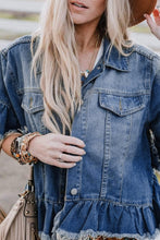 Load image into Gallery viewer, Peacock Blue Raw Edge Ruffled Short Sleeve Denim Jacket