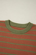 Load image into Gallery viewer, Brown Stripe Trimmed Round Neck Drop Shoulder Loose Sweater