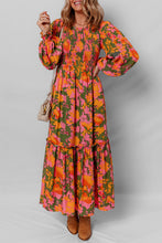 Load image into Gallery viewer, Orange Floral Puff Sleeve Smocked Bodice Ruffled Long Dress