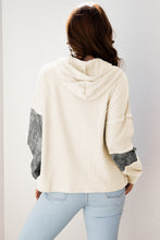 Load image into Gallery viewer, Gray Waffle Printed Patchwork Drawstring Hooded Long Sleeve Top