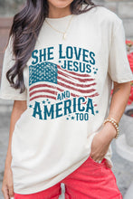 Load image into Gallery viewer, White She Loves Jesus and America Flag Graphic Tee