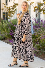 Load image into Gallery viewer, Black Plus Size Floral Printed Puff Sleeve Collared Maxi Dress