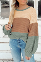 Load image into Gallery viewer, Green Stripe Textured Color Block Bubble Sleeve Baggy Top