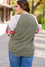 Load image into Gallery viewer, Vineyard Green Plus Size Textured Floral Patchwork Raglan Sleeve Blouse