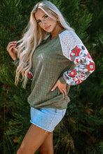 Load image into Gallery viewer, Laurel Green Floral Patchwork Long Sleeve Ribbed Blouse