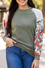 Load image into Gallery viewer, Laurel Green Floral Patchwork Long Sleeve Ribbed Blouse